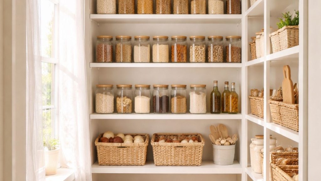 Organised pantry shelves with containers filled with dry grains and emergency food supplies prepared for long-term food security and disaster readiness.