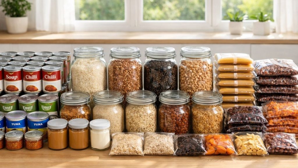 Organised 30-day emergency food supply with canned goods and dried foods. 