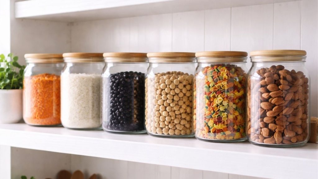 Various jars of dried food, arranged for long-term storage without refrigeration